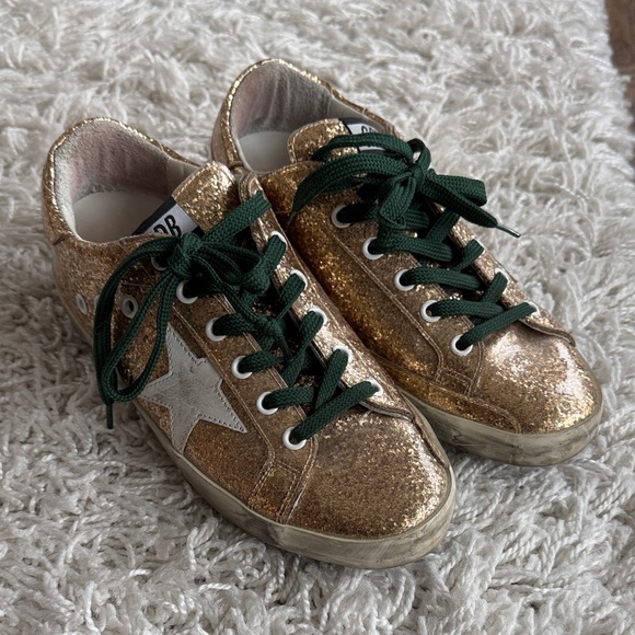 Golden Goose Shoes - Gold Glitter Star Sneakers with Dark Green Laces